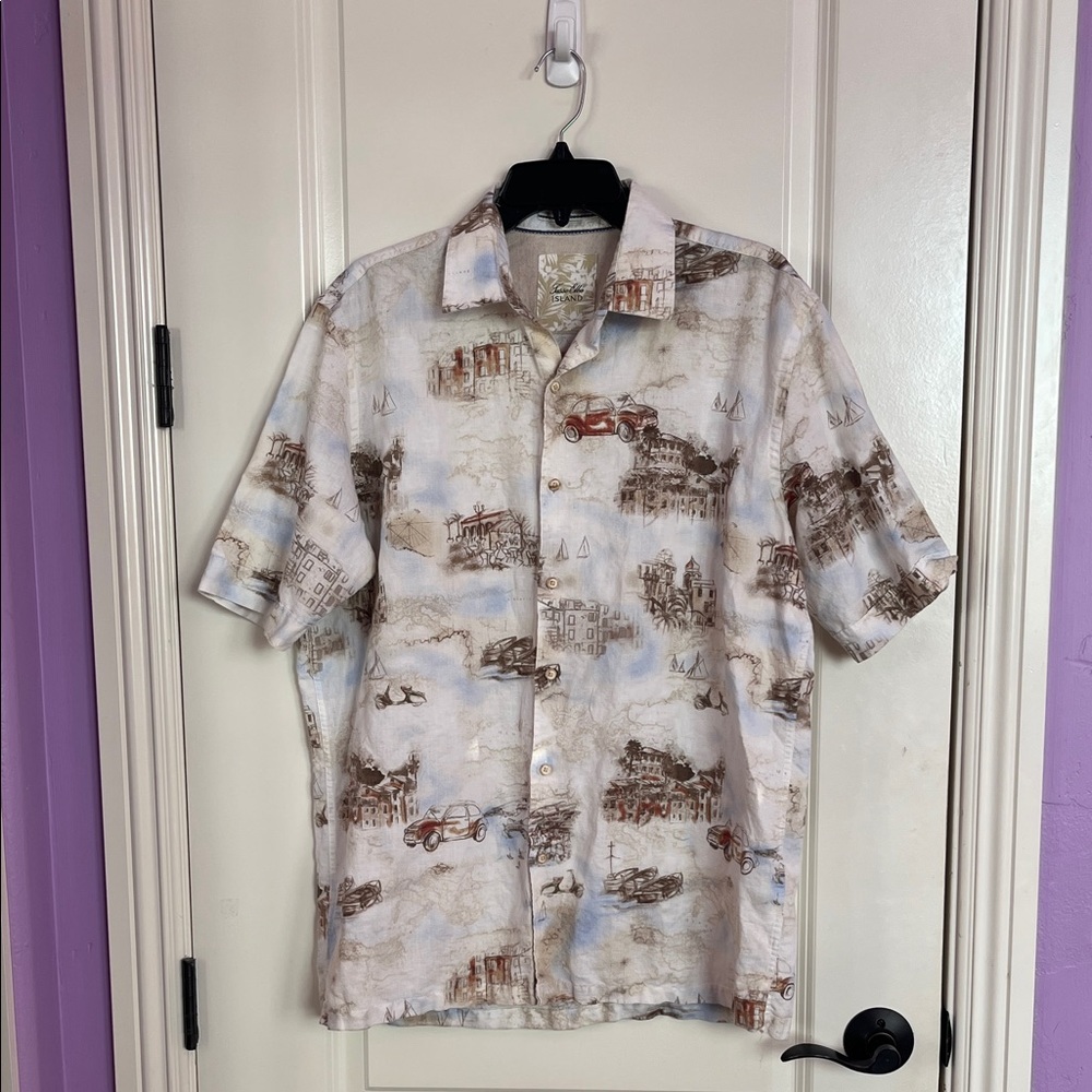 Tasso Elba White and Brown Scenic Print Men's Shirt Size M